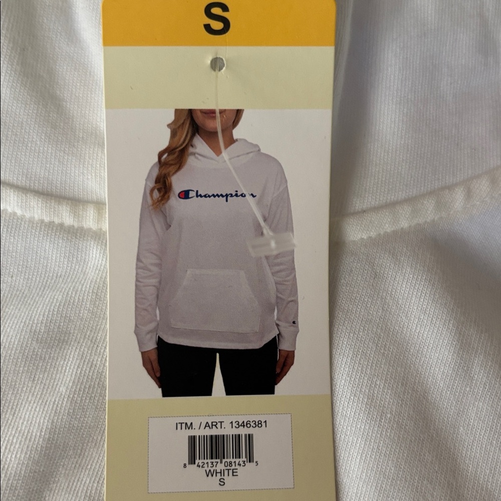 Hoodie womens new size S cotton kangaroo pocket Champion white & navy letters